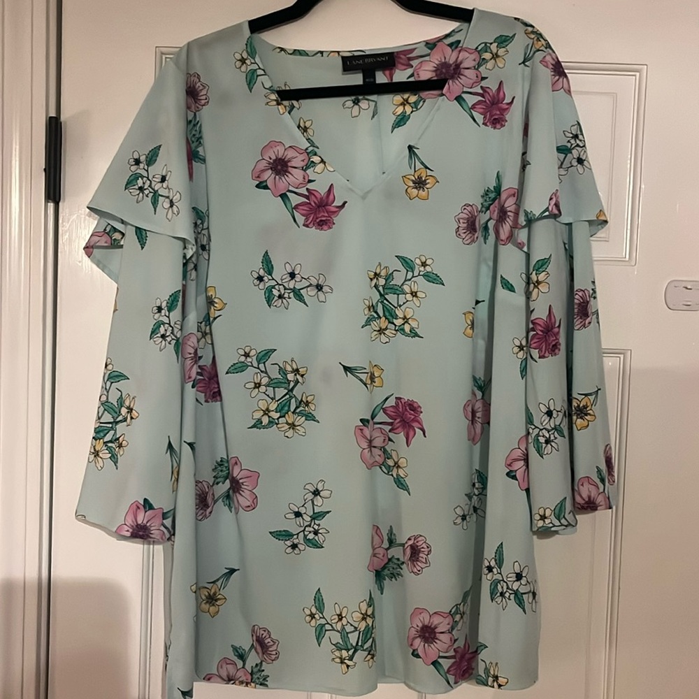 Floral Lane Bryant Top with ruffle detail and bell sleeves